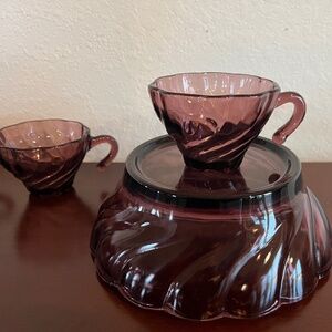 Hazel Atlas " Moroccan Amethyst” “Alpine Swirl, 10 Open Handle Punch Cups & Base